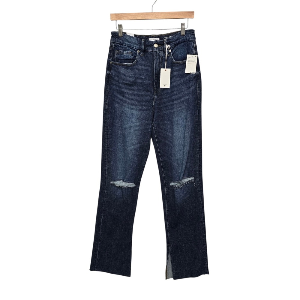 Good American Good‎ Boy Straight Jeans Dark Wash Distressed Slit Hem Size 8 29